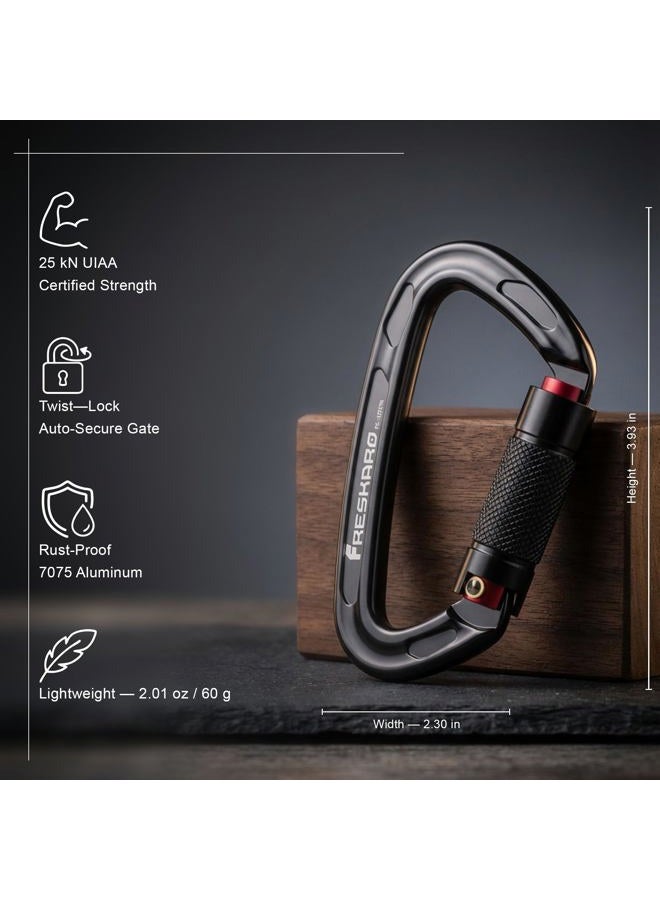 FresKaro 25kn Climbing Carabiners Double Locking Carabiner Clips, Heavy Duty for Rock Climbing, Rappelling, Hunting, or Survival Gear kit, Gym Equipment, Cerfified UIAA Carabiner Black - Image 2