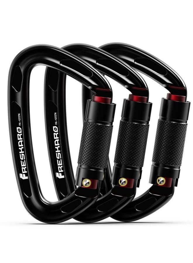 FresKaro 25kn Climbing Carabiners Double Locking Carabiner Clips, Heavy Duty for Rock Climbing, Rappelling, Hunting, or Survival Gear kit, Gym Equipment, Cerfified UIAA Carabiner Black - Image 1