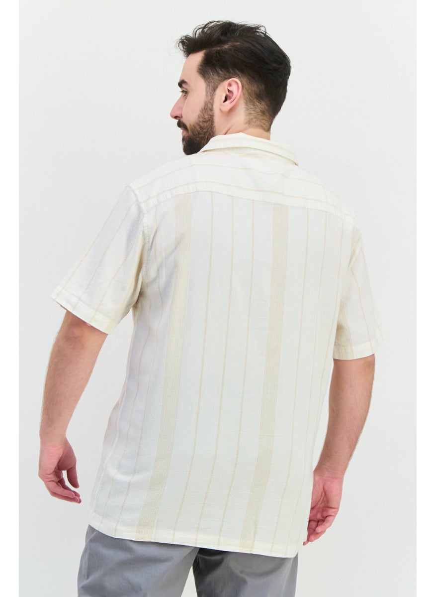 Algspar Men Regular Fit Stripe Short Sleeves Casual Shirt, Off White  - Image 3