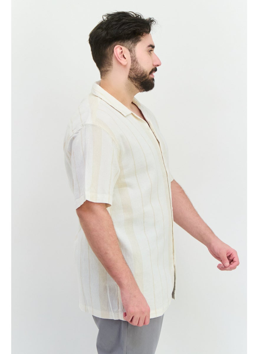 Algspar Men Regular Fit Stripe Short Sleeves Casual Shirt, Off White  - Image 2