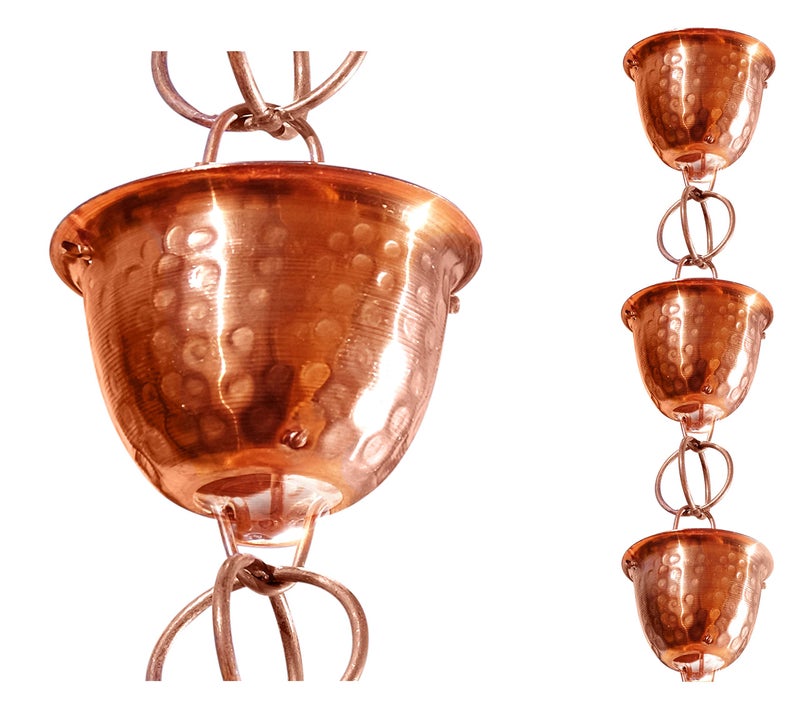 Monarch Rain Chains Pure Copper Hammered Cup Rain Chains for Gutters â€“ 8.5 ft Decorative Rainchain Outdoor Durable Heavy Duty Gutter Chain Downspout Replacement, Modern Rainchains for Outside