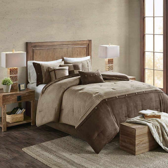 BOONE COZY COMFORTER SET FAUX SUEDE DELUXE HOTEL STYLING ALL SEASON DOWN ALTERNATIVE BEDDING MATCHING SHAMS DECORATIVE PILLOW KING 104 IN X 92 IN RUSTIC BROWN 7 PIECE