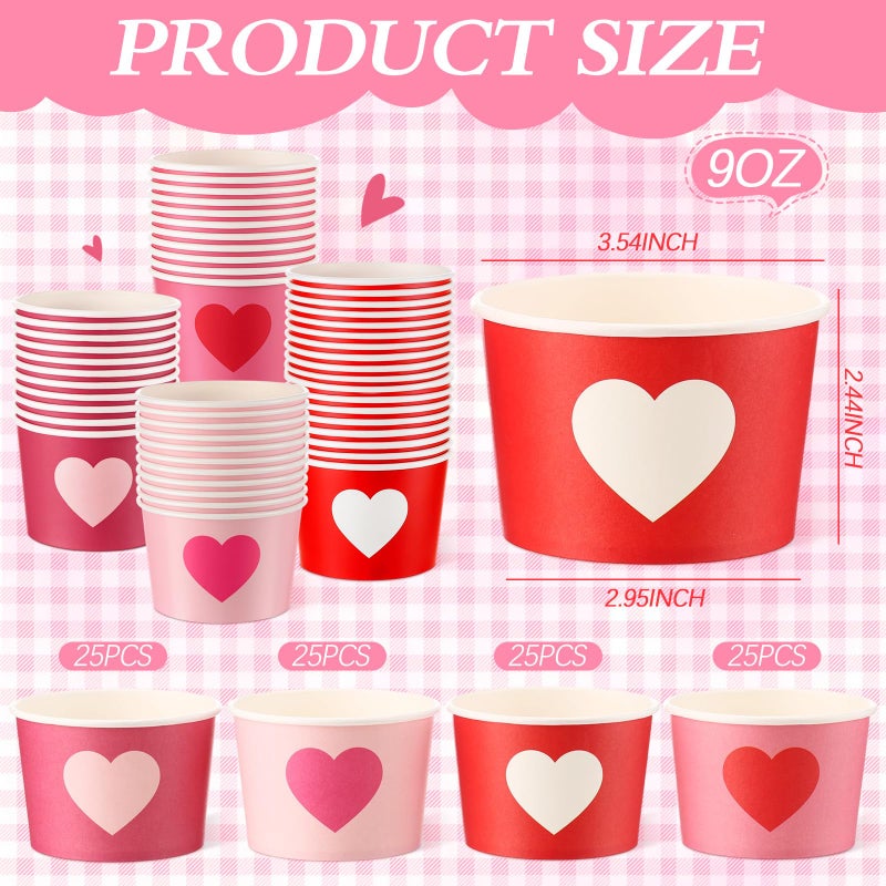 Romooa 100 Pcs 9oz Valentine's Day Paper Bowls Heart Treat Snack Cups Galentine's Day Ice Cream Dessert Bowls Pink Red Treat Snack Dessert Cups for Hot or Cold Food Party Favor Supplies - Image 2