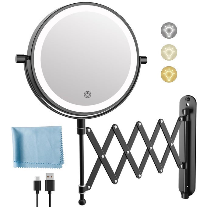 RECHARGEABLE WALL MOUNTED MAKEUP MIRROR 8 INCH DOUBLE SIDED 1X10X MAGNIFYING MIRROR WITH 3 COLOR LIGHTS DIMMABLE TOUCH SCREEN 360SWIVEL 196 INCH EXTENDABLE ACCORDION BATHROOM MIRROR BLACK