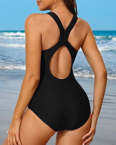 CharmLeaks Charmo Women One Piece Athletic Racerback Swimsuit Modest Sport Bathing Suit S Black - Image 2