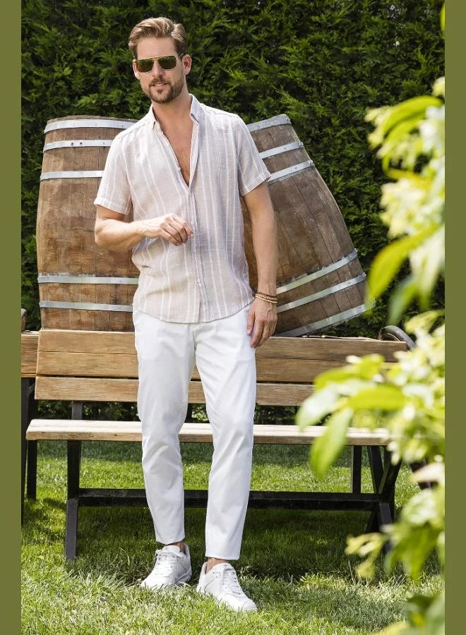 بوراتي قميص رجالي قطني مخطط بقصة ضيقة وأكمام قصيرة من بوراتي