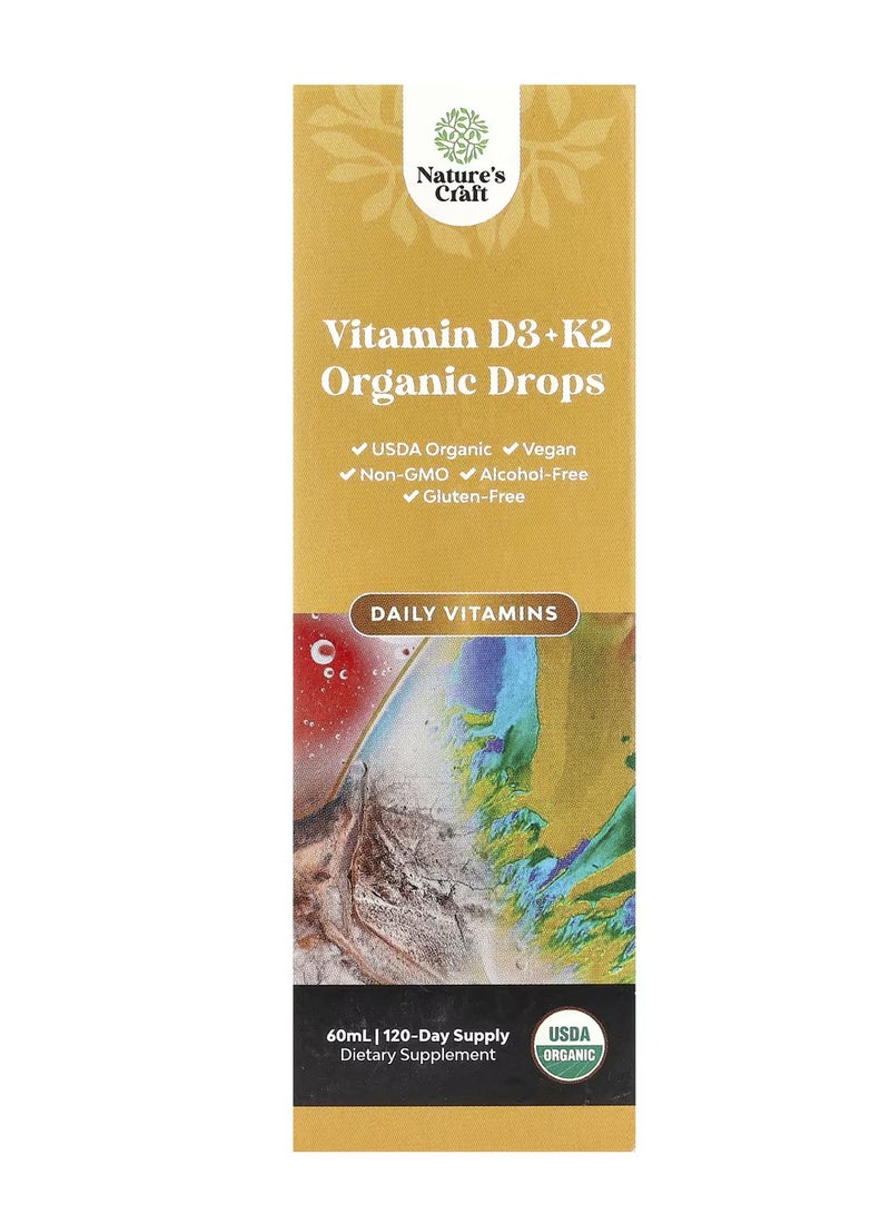 Nature's Craft Organic Vitamin D3 + K2 Drops, Alcohol-Free, 60 ml