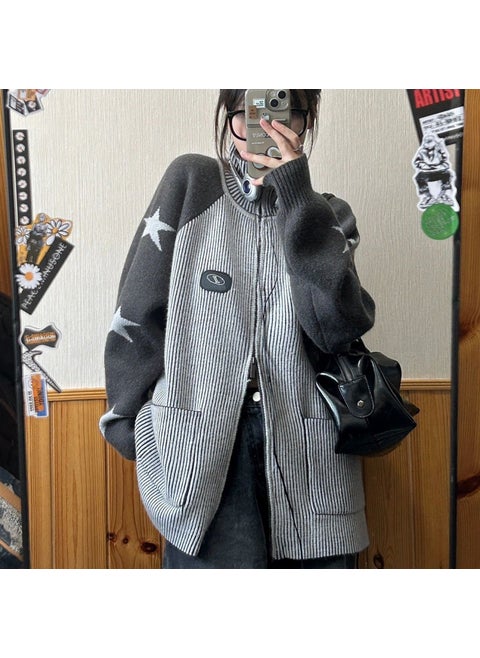 Thickened Autumn Winter American Style Color Block Wool Coat Women Small Design Lazy Loose Sleeve Open Shirt Urban Style Gray