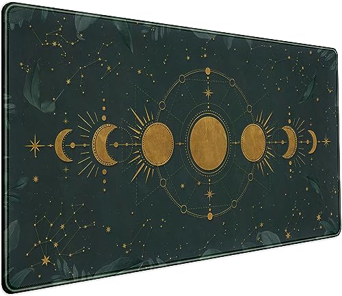 DCJJM Dark Academia Mousepad Forest Green XXL Desk Mat Gold Moon Phases Large Extended Mouse Pad Gaming Laptop Keyboard and Mouse Mat Desk Pad NonSlip Rubber Base with Stitched Edges 315x1575 in - Image 1