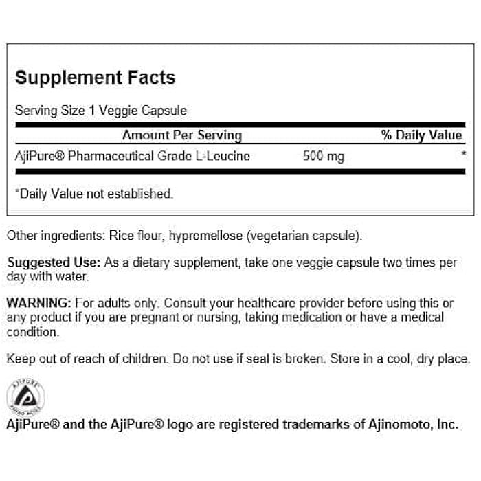 Swanson Amino Acid Ajipure L-Leucine Pharmaceutical Grade 500 Milligrams 60 Veg Capsules - Image 2