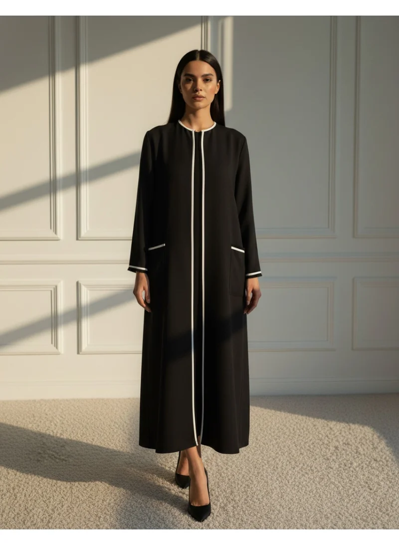 مويستريت Elegant Black Barbie Crepe Abaya with Contrast White Piping, Dual Side Pockets & Matching Headscarf