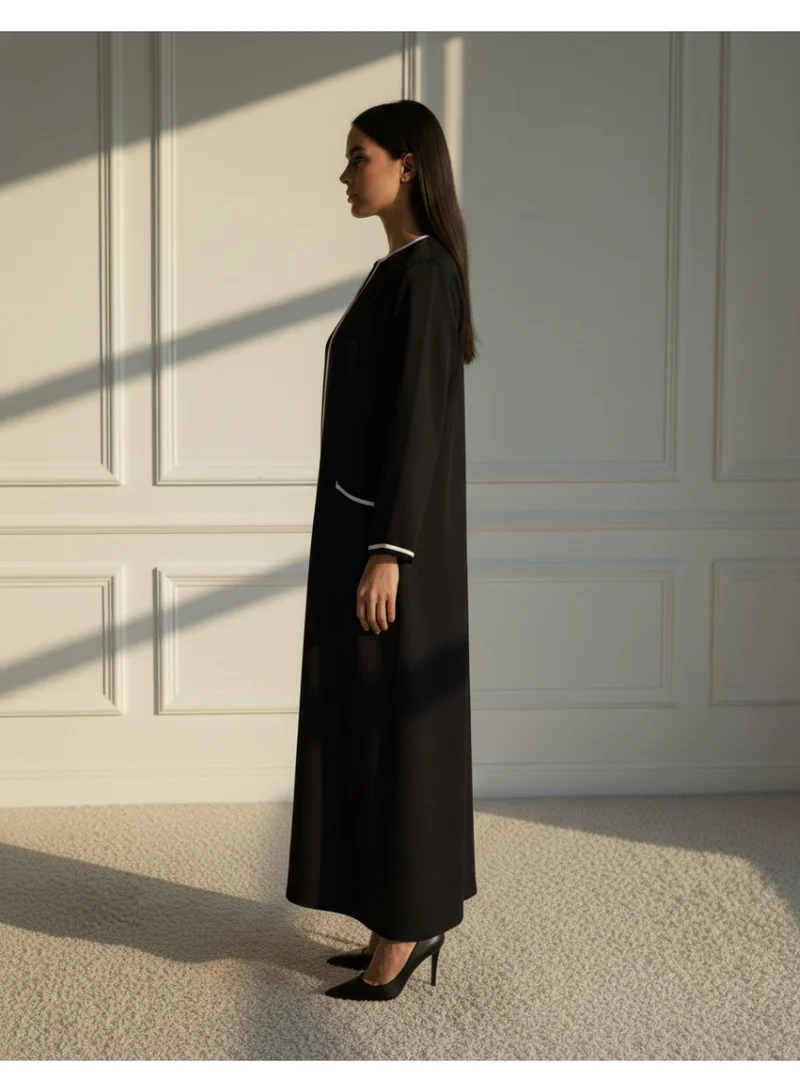 مويستريت Elegant Black Barbie Crepe Abaya with Contrast White Piping, Dual Side Pockets & Matching Headscarf