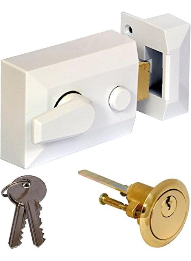 NJM DoorLock White Night Latch Rim Lock Deadlocking Universal Standard Size, Made in India - Image 1
