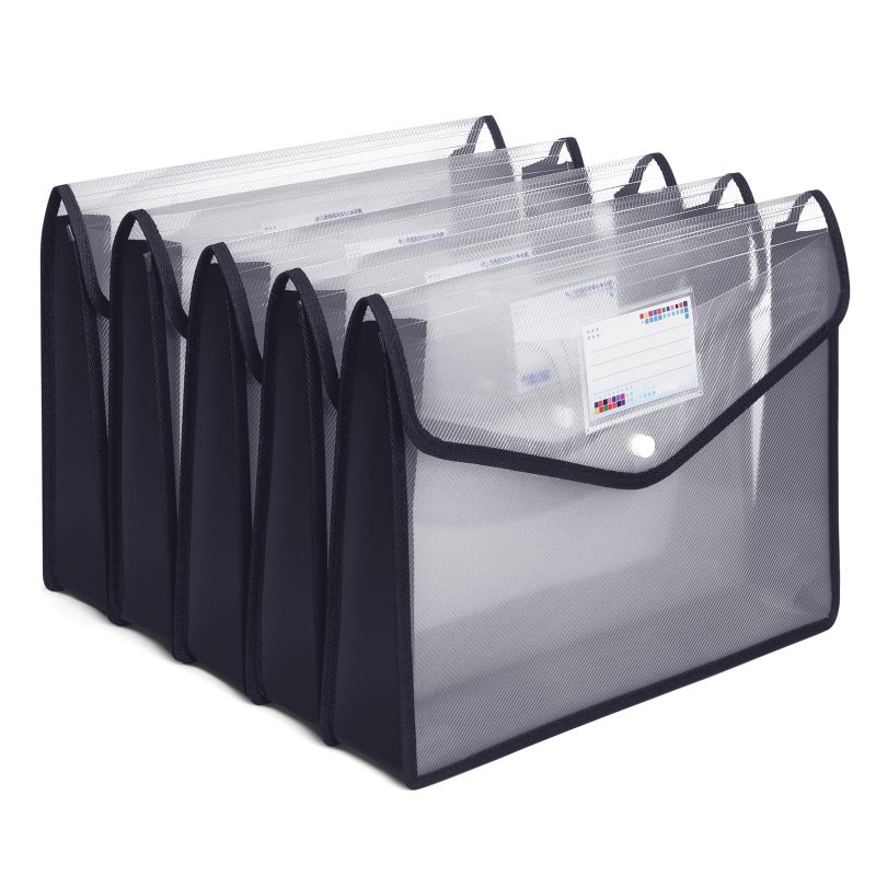 iMissiu Plastic File Folders, Waterproof Transparent Expandable File Organiser - Portable Large Capacity A4B4 File Wallet for Office/Business/School (Black&Clear-5 Pack) - Image 1