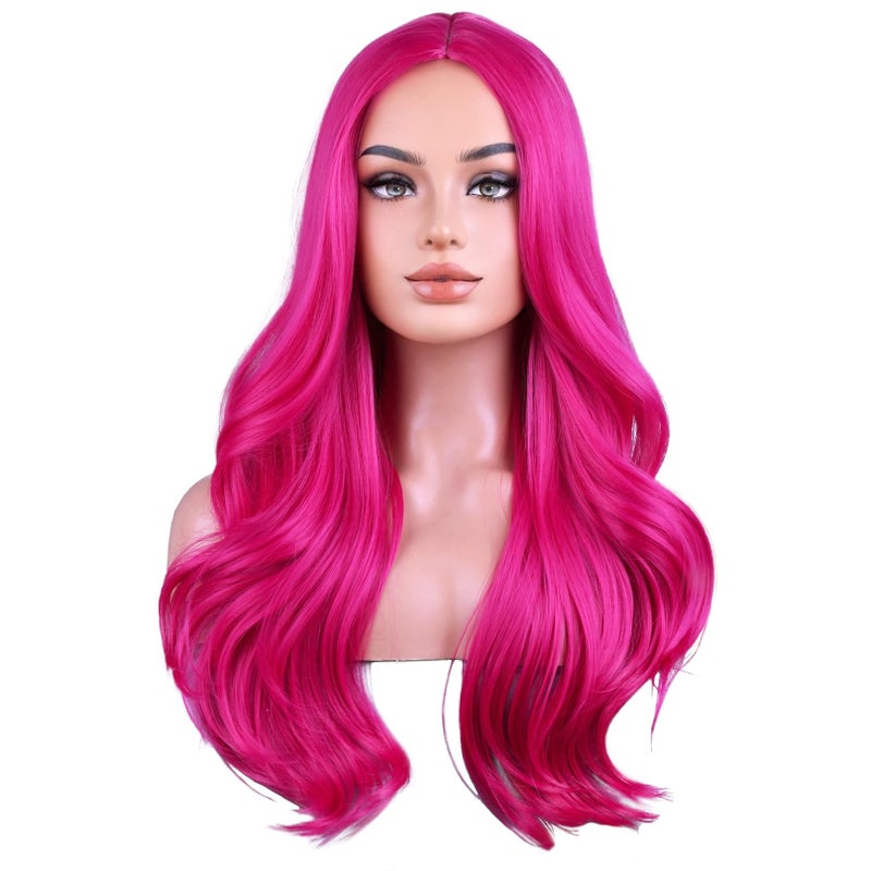 BERON Hot Pink Long Wigs for Women Girls Magenta Curly Wavy Hair Wig Middle Part Dark Pink Heat Resistant Synthetic Fiber Wigs