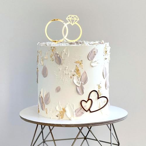 ALNGFUIK Diamond Ring Cake Toppers, Acrylic Love Heart Cake Toppers for Marriage Engagement Anniversary Valentines Party Cake Decorations Supplies - Image 1