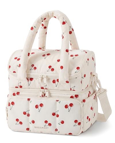 BAGSMART Lunch Bag Women Double Deck Insulated Lunch Box Quilted Puffer Lunch Tote Leakproof Durable Reusable Large Lunch Cooler For Work Picnic Travel Meal Prep Cherry - Image 1
