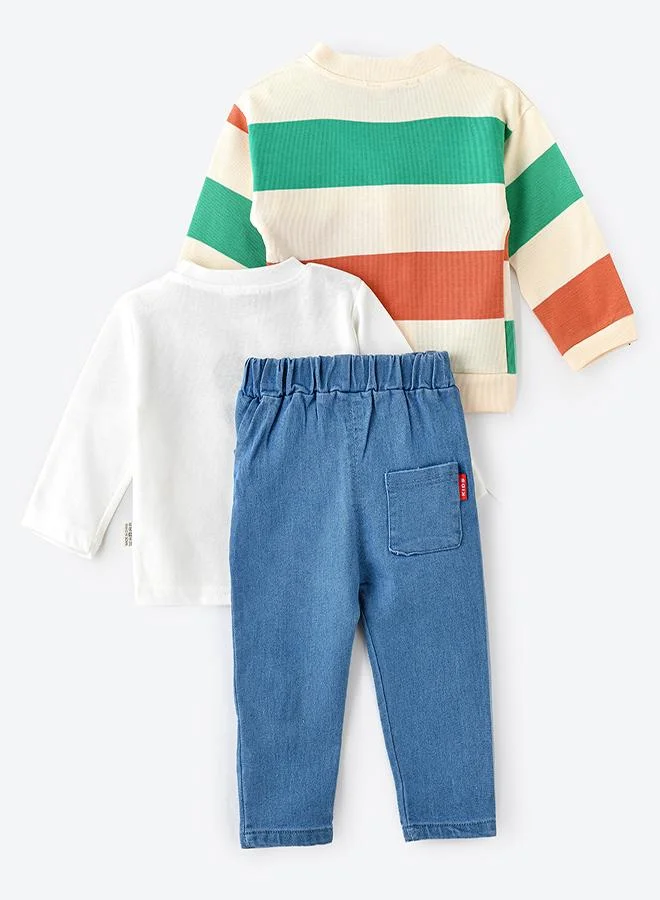 babyqlo Bold Stripe Cardigan, T-shirt and Pant Set for Boys