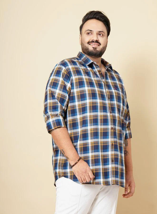 HARDSODA Men Plus Size Regular Fit Checkered Cutaway Collar Full Sleeves Casual Shirt