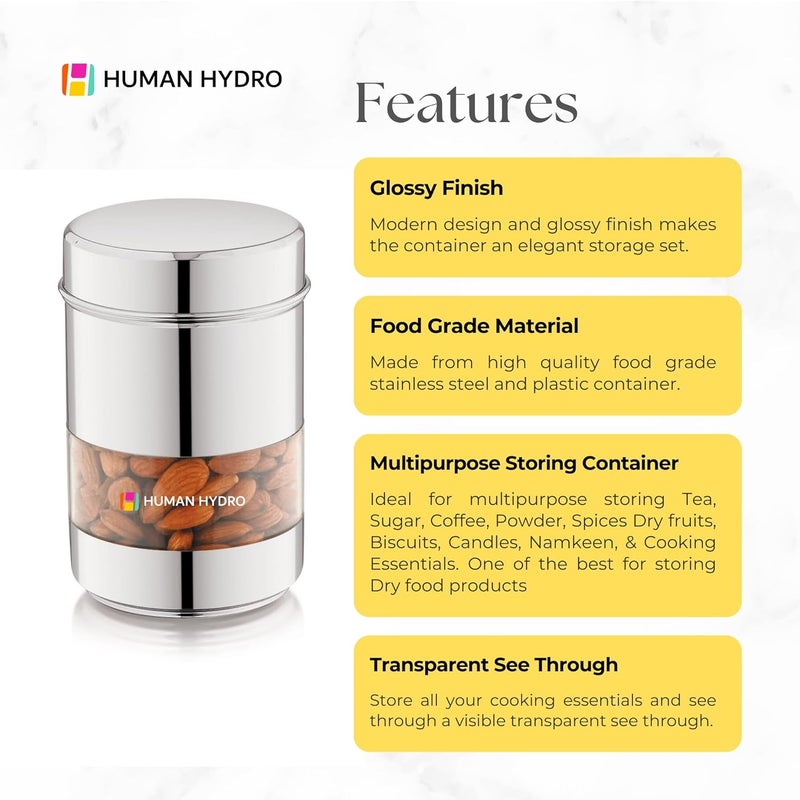 Human Hydro Stainless Steel SeeThrough Kitchen Container 750ml Capacity Glossy Finish with Airtight Lid Multipurpose Storage Jar for Spices Grains Snacks Pantry Essentials - Image 3
