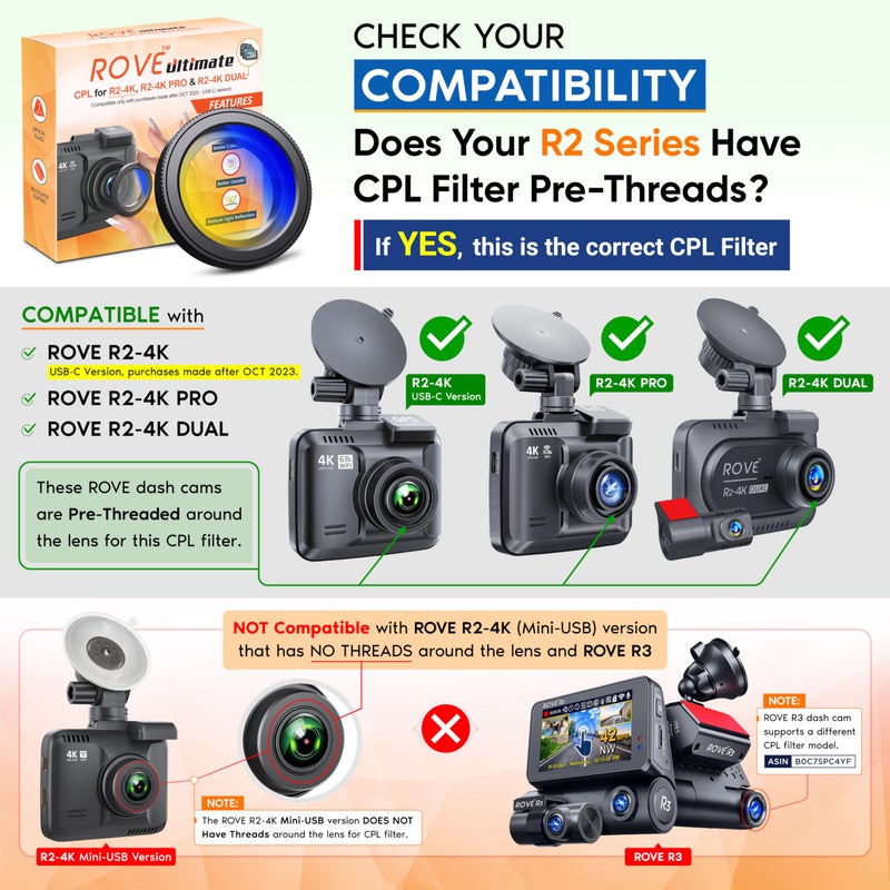 ROVE Ultimate CPL Filter, Anti-Glare Circular Polarizer Lens for ROVE R2-4K, R2-4K PRO, and R2-4K Dual Dash Cam Models - Image 2