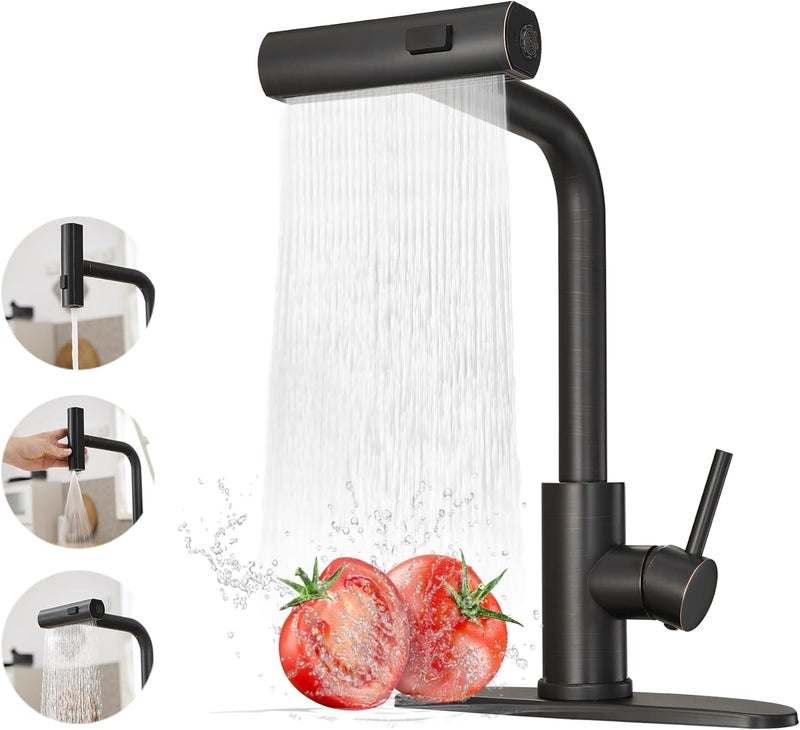 JOOM Kitchen Faucets with Pull Down Sprayer,Waterfall Kitchen Sink Faucet,Commercial Utility Stainless Steel Kitchen Faucets,Single Handle Kitchen Sink Faucet with Pull Down Sprayer for 3 Function,ORB - Image 1