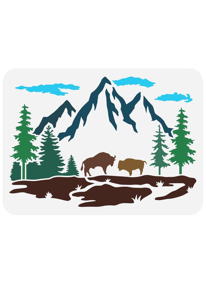 FINGERINSPIRE FINGERINSPIRE Mountain Tree Bison Family Stencil 8.3x11.7inch Reusable Mountain Forest Stencil for Painting Bison Drawing Stencil Animal Plants Stencil for Painting on Wall Wood Fabric Furniture  - Image 1