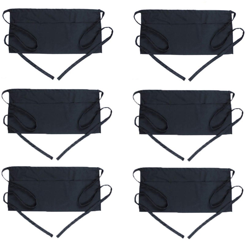 BOHARERS BOHARERS Waist Apron with 3 Pockets 6 Pack  Black Waitress Server Short Apron