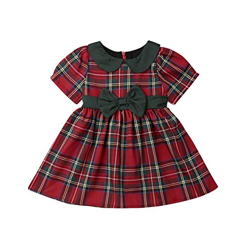 Kuriozud Toddler Baby Girl Plaid Dress Short Sleeve Bowknot Party Dress (Palid Dress with Green Bow, 1-2T) - Image 1