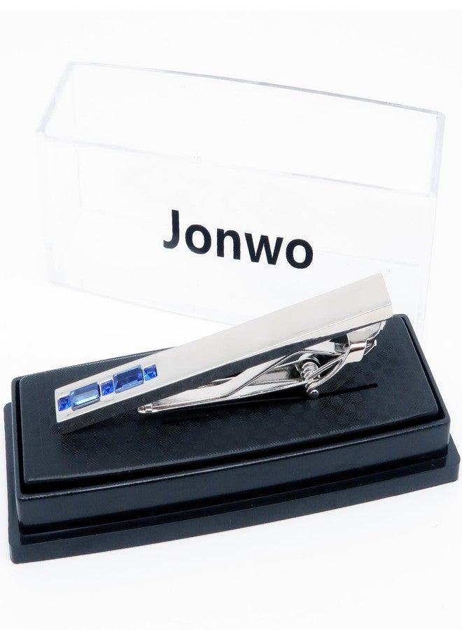 Jonwo Men's Crystal Tie Clip Silver Tone Tie Bar for Gentleman Regular Necktie Tie Clip for Business Anniversary (Blue Crystal) - Image 4