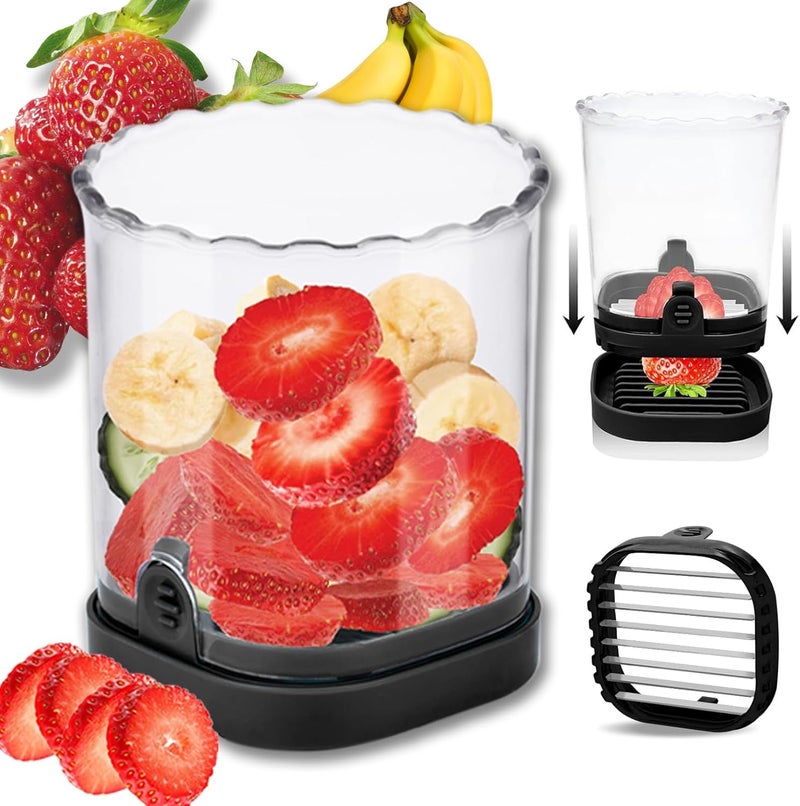 Hendiy Strawberry Slicer with Stainless Blades | Egg & Fruit Slicer Cup for Banana, Cucumber, Mushroom | ABS Detachable Kitchen Gadget - Precision Berry Cutter Tool (Black, 1-Pack) - Image 1