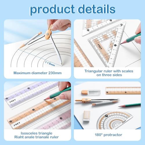 Oligitdi 7-Piece Geometry Set, Includes Ruler, Protractor, Set Squares, Compass, Eraser, Math Drawing Kit for Students - Image 4