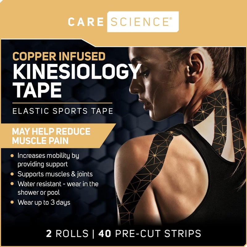Care Science Waterproof Kinesiology Tape, 40 ct Precut Strips (2 Rolls), Copper Infused | Water Resistant Strips, Elastic Athletic Tape for Sports & Weightlifting, Muscle Strain Relief & Joint Support - Image 3