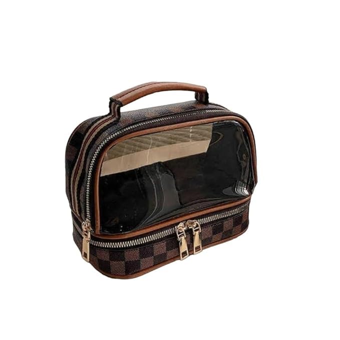Rivtoxx Makeup Bag Double Layer Waterproof Travel Cosmetic Case Make up Organizer Toiletry Transparent Bag Clear Makeup PVC and Straw Cosmetic Makeup Toiletry Pouch Bag Brown - Image 1