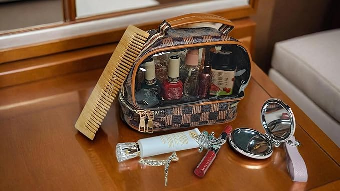 Rivtoxx Makeup Bag Double Layer Waterproof Travel Cosmetic Case Make up Organizer Toiletry Transparent Bag Clear Makeup PVC and Straw Cosmetic Makeup Toiletry Pouch Bag Brown - Image 3