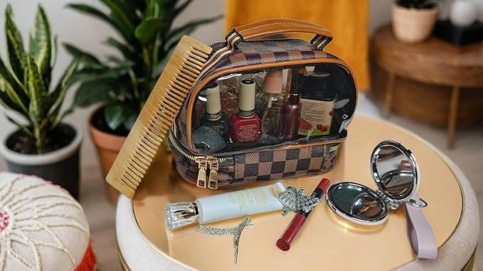 Rivtoxx Makeup Bag Double Layer Waterproof Travel Cosmetic Case Make up Organizer Toiletry Transparent Bag Clear Makeup PVC and Straw Cosmetic Makeup Toiletry Pouch Bag Brown - Image 2