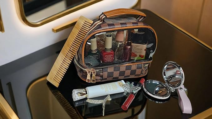 Rivtoxx Makeup Bag Double Layer Waterproof Travel Cosmetic Case Make up Organizer Toiletry Transparent Bag Clear Makeup PVC and Straw Cosmetic Makeup Toiletry Pouch Bag Brown - Image 5
