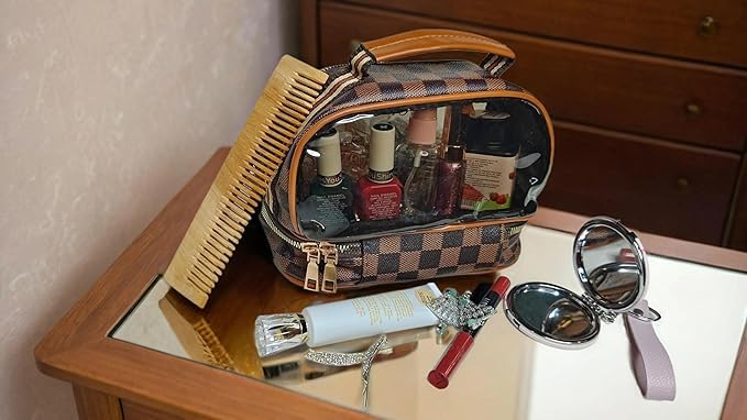 Rivtoxx Makeup Bag Double Layer Waterproof Travel Cosmetic Case Make up Organizer Toiletry Transparent Bag Clear Makeup PVC and Straw Cosmetic Makeup Toiletry Pouch Bag Brown - Image 4