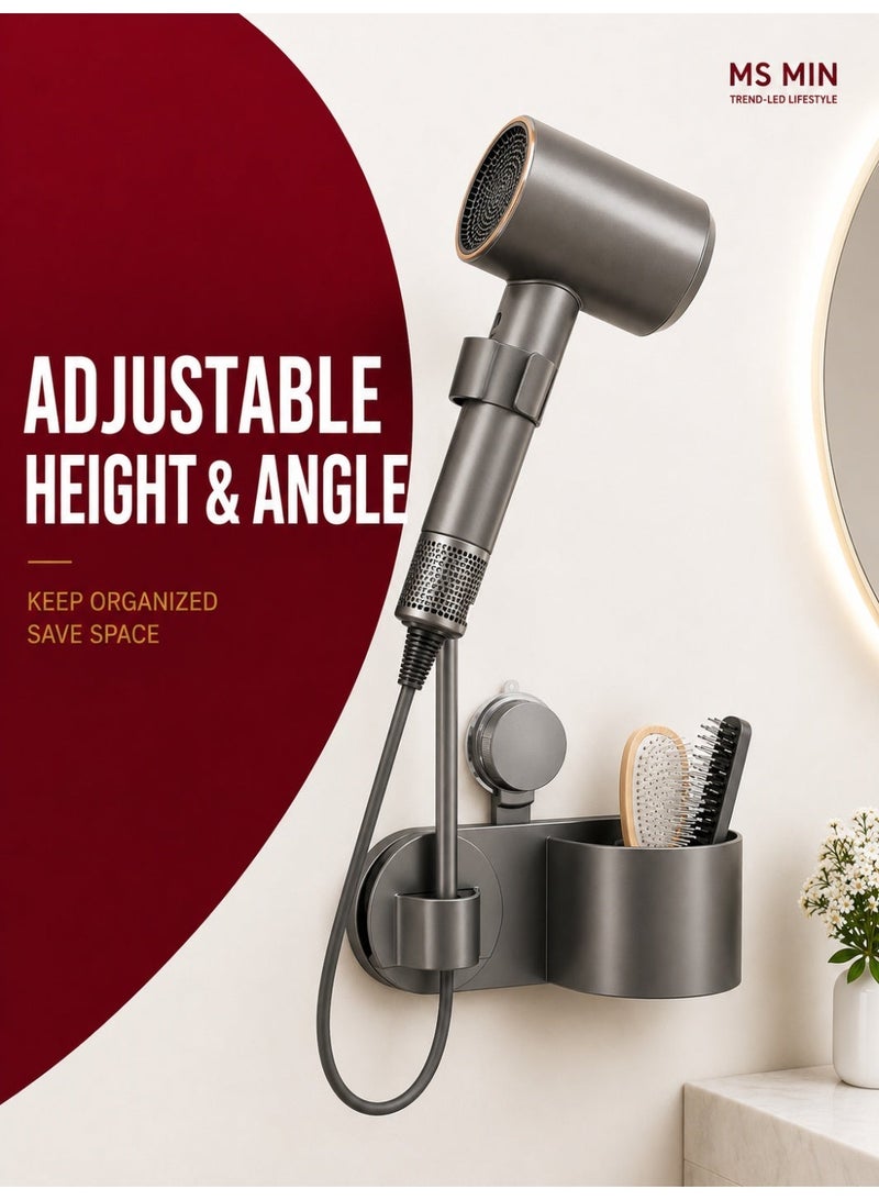 MS MIN Suction Cup Hair Dryer Holder for Bathroom, No-Drill Wall Mount Hair Dryer Stand with Adjustable Angle & Storage - Image 1