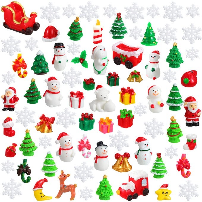 80 PIECES CHRISTMAS MINIATURE FIGURINES FOR CRAFTS SANTA SNOWMAN MINI RESIN LANDSCAPE BELL SNOWFLAKE CHRISTMAS TREE REINDEER GIFTS FOR DIY CRAFTS WINTER XMAS PARTY DOLLHOUSE DECOR