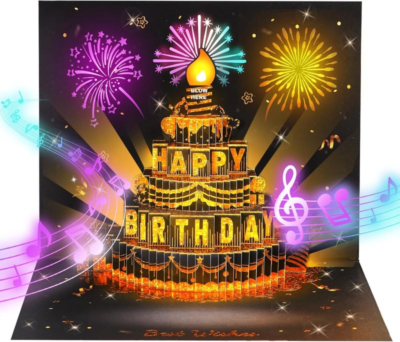 بطاقات عيد ميلاد موسيقية من ، بطاقة ثلاثية الأبعاد مع موسيقى وضوء، بطاقات عيد ميلاد مع شمعة قابلة للنفخ تفاعلية، هدية لها/له/أمي/جدة/زوجة/زوج - Image 1