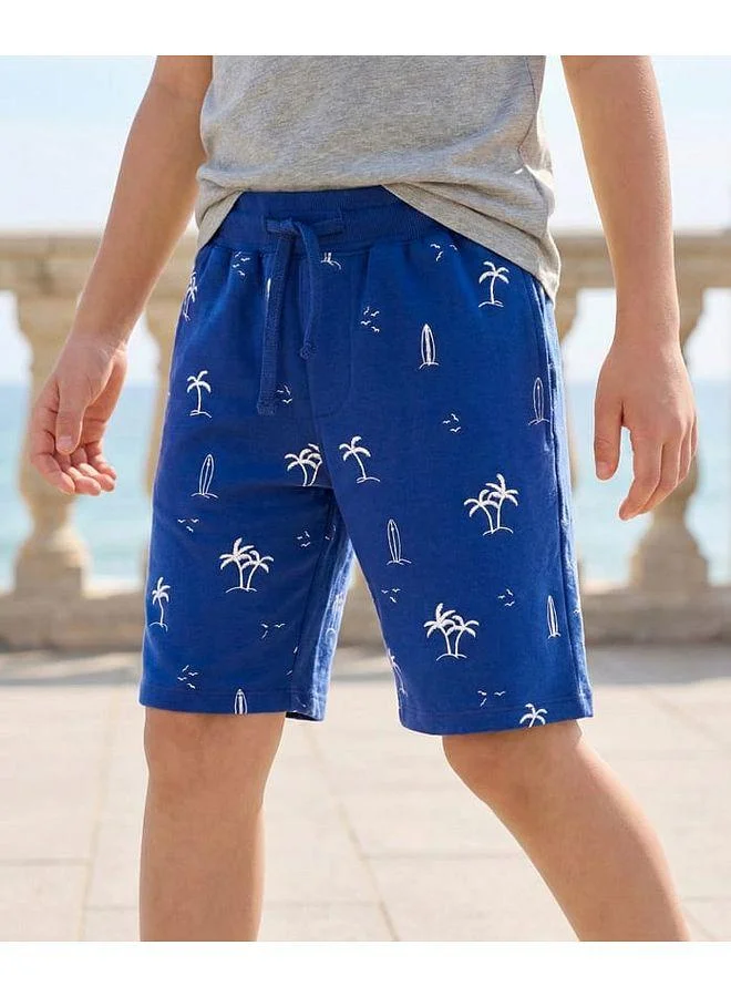 Pine Kids Pine Kids Looper Knit Above Knee Length Shorts with Beach Theme Print - Navy Blue