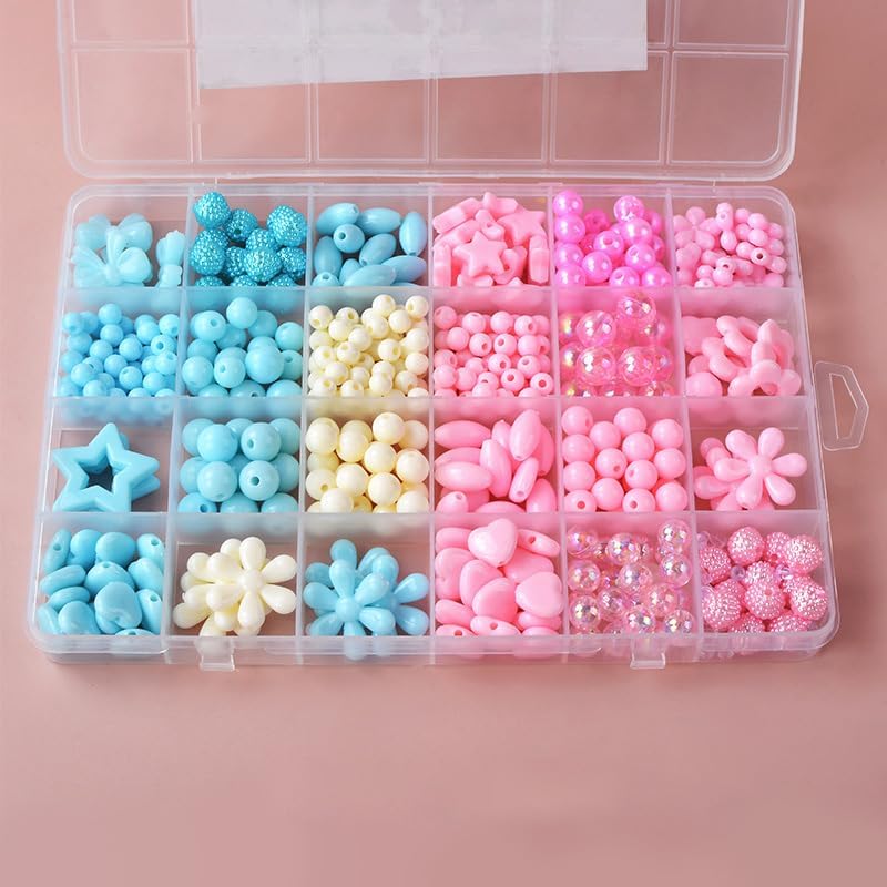 Capstro 24 Grid Acrylic Beads Jewelry Making Kit Ice & Snow Colors – DIY Bead Box with 24 Compartments of Cool Blue & White Beads, Charms & Strings – Creative Arts & Crafts Gift for Girls Age 4+