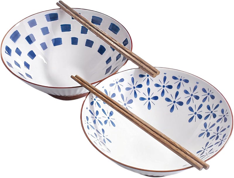 BOSILI Set of 2 Japanese Ceramic Noodle Bowls and Chopstick 82 Inch Traditional HandPainted Designs for Ramen Udon Miso Soup Stylish Durable Serving Bowls for Asian Cuisine hs - Image 1
