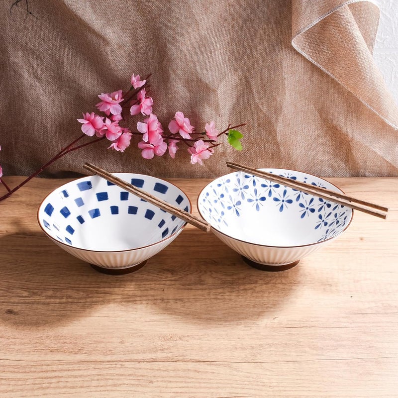 BOSILI Set of 2 Japanese Ceramic Noodle Bowls and Chopstick 82 Inch Traditional HandPainted Designs for Ramen Udon Miso Soup Stylish Durable Serving Bowls for Asian Cuisine hs - Image 5