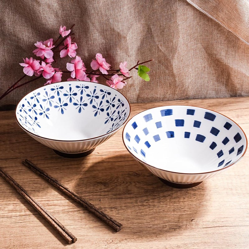 BOSILI Set of 2 Japanese Ceramic Noodle Bowls and Chopstick 82 Inch Traditional HandPainted Designs for Ramen Udon Miso Soup Stylish Durable Serving Bowls for Asian Cuisine hs - Image 3