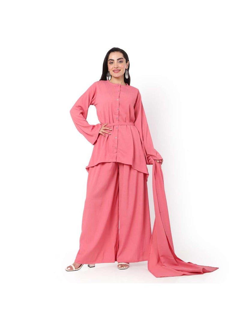 HANA & SARA MODEST TWO PIECE DRESS WITH SCARF AND BELT SOLID COLOUR ARABIC KAFTAN JALABIYA DRESS  - Image 4