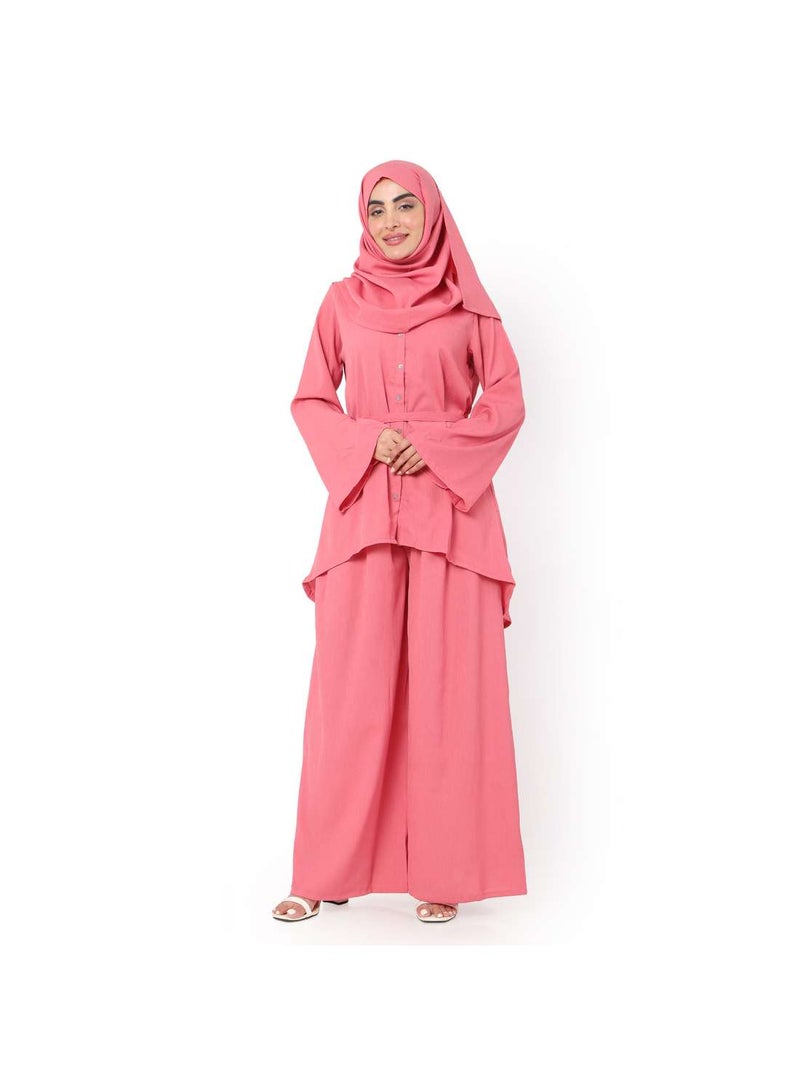 HANA & SARA MODEST TWO PIECE DRESS WITH SCARF AND BELT SOLID COLOUR ARABIC KAFTAN JALABIYA DRESS  - Image 1