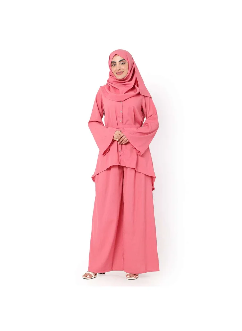 HANA & SARA MODEST TWO PIECE DRESS WITH SCARF AND BELT SOLID COLOUR ARABIC KAFTAN JALABIYA DRESS
