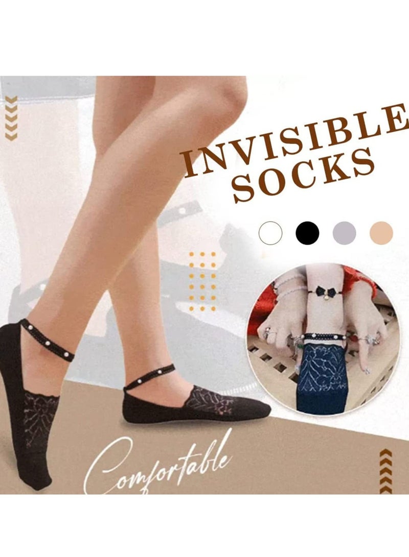 KASTWAVE Pearl Lace Stockings Women's Ankle Socks, Transparent Women's Socks Summer Socks Women, Mesh Transparent Ultra-thin Short Stockings (4 Pairs) - Image 2